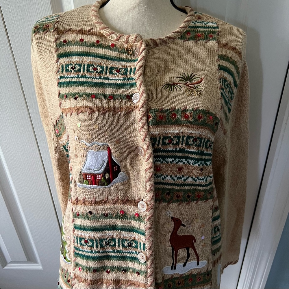 Vintage Beige Cardigan with Christmas Winter Embroidery Size Large